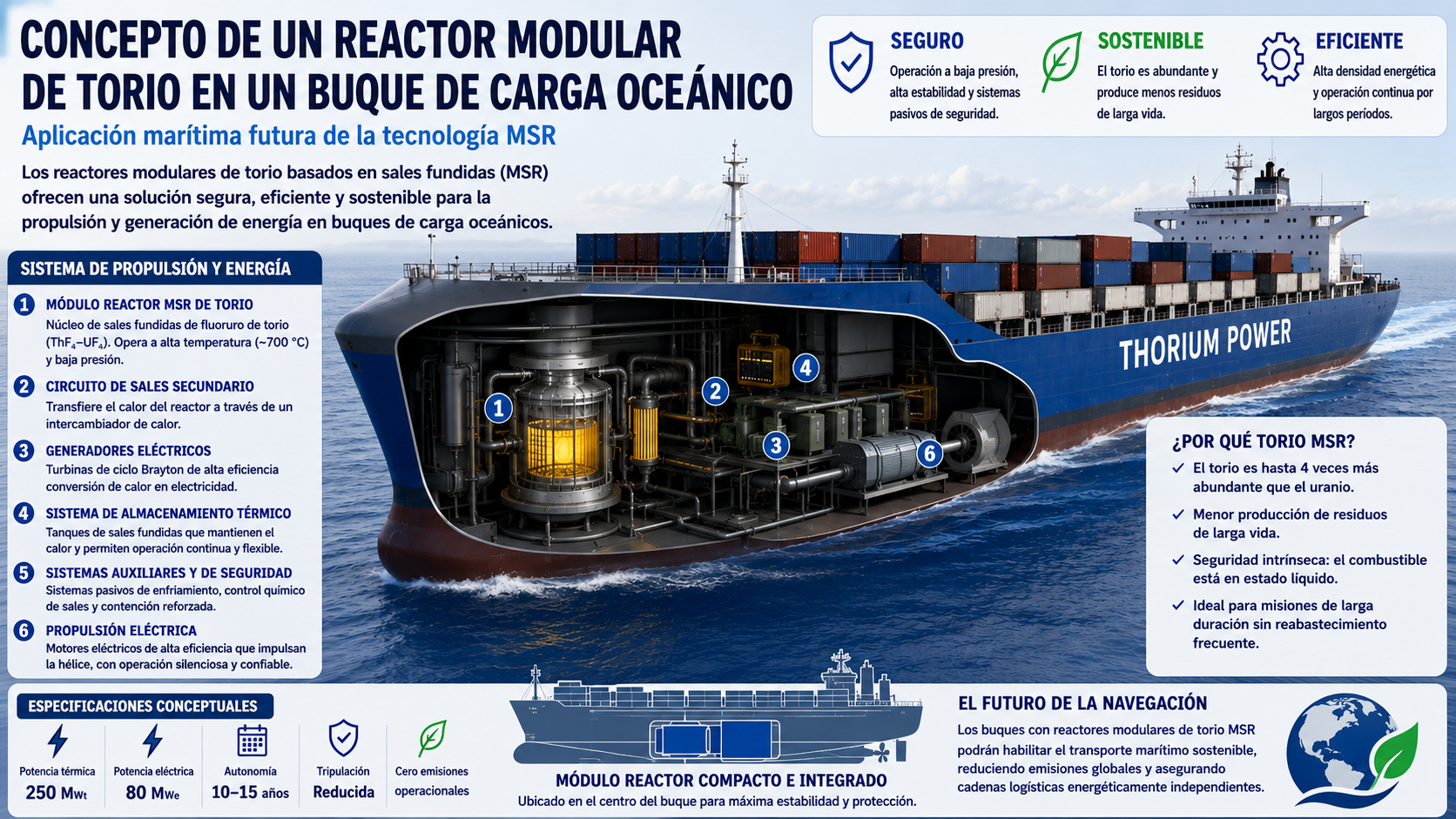 Concepto artístico de un reactor modular de torio en un buque de carga oceánico, ilustrando la aplicación marítima futura de la tecnología MSR