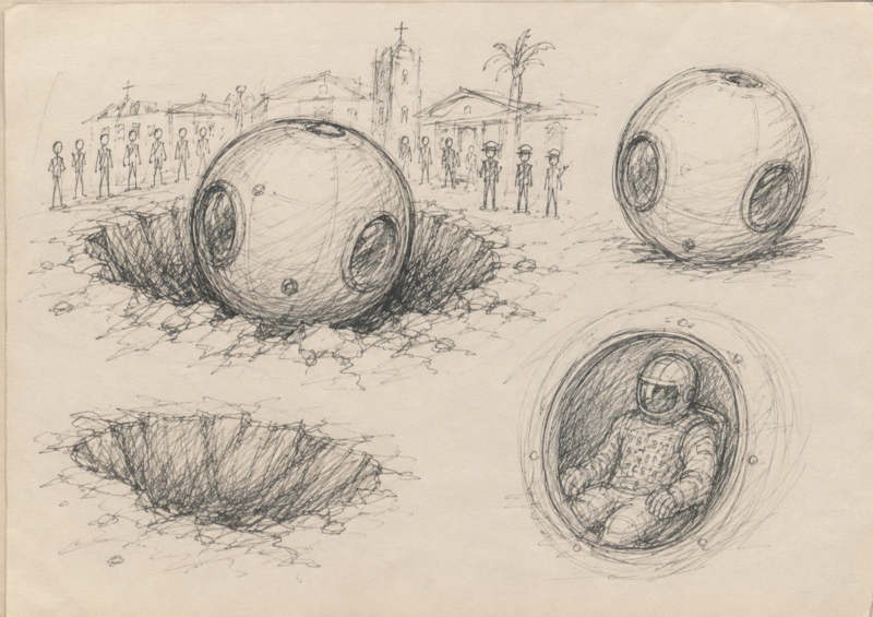 Ilustración conceptual de una esfera metálica caída en un cráter, con dos ventanillas circulares, ante testigos y edificios coloniales de fondo; incluye vistas del interior con un ocupante con traje y casco.