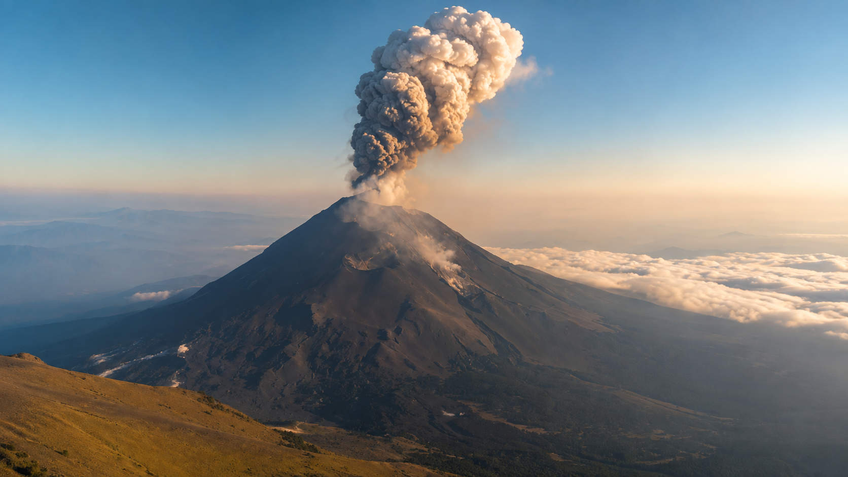 Columna eruptiva del volcán Methana, cerca de Atenas, Grecia