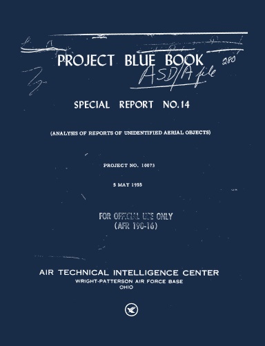 Portada del Special Report No. 14 del Proyecto Libro Azul, documento confidencial de 1955 del Air Technical Intelligence Center sobre análisis de reportes de objetos aéreos no identificados