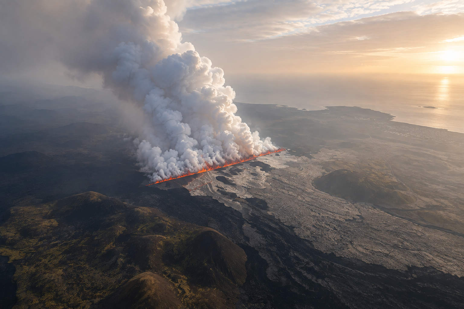 Erupción volcánica en la península de Reykjanes, Islandia, vista aérea al atardecer