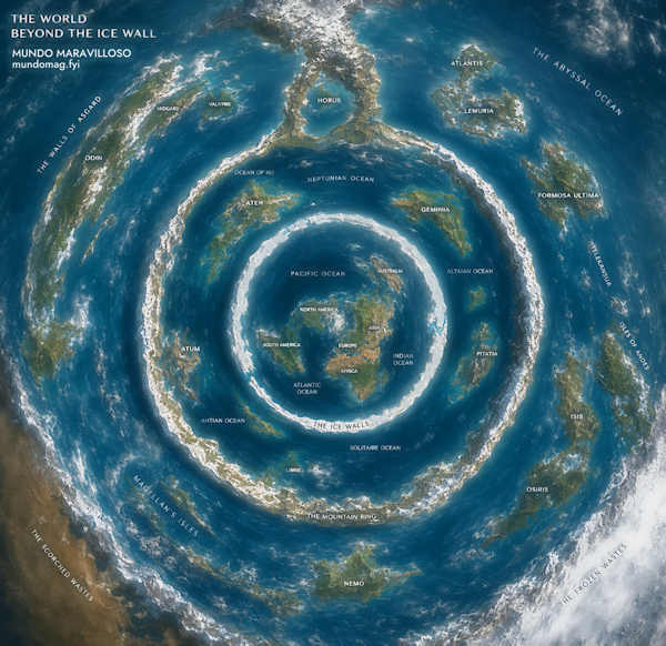 Mapa especulativo circular que muestra continentes ficticios como Atlantis, Lemuria y Agartha más allá de un muro de hielo que rodea los continentes reales