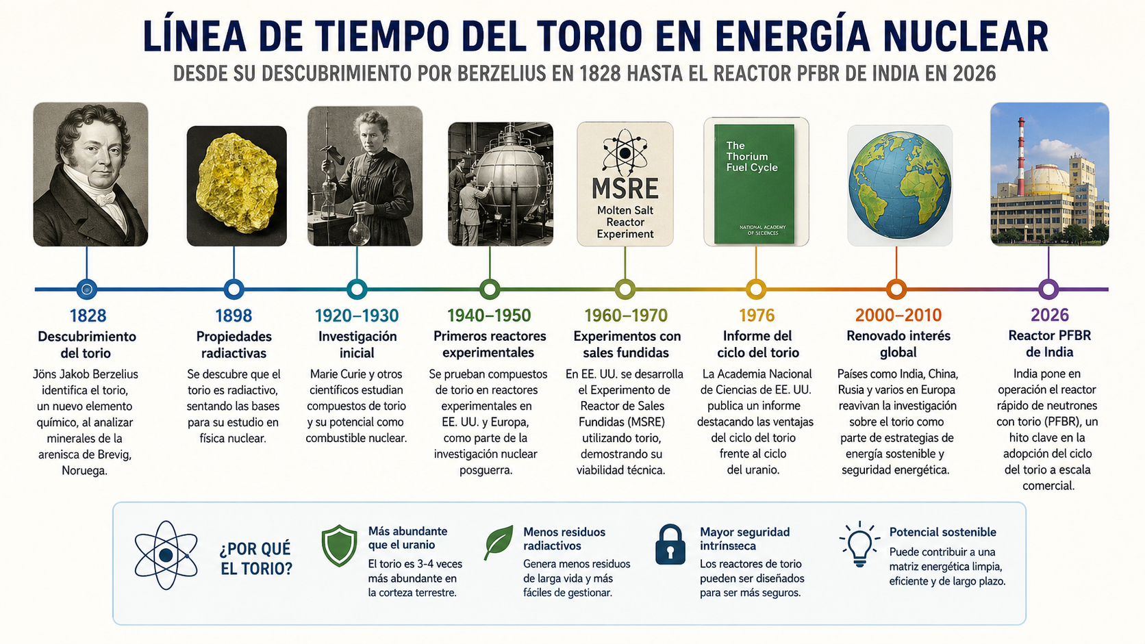Línea de tiempo del torio en energía nuclear: desde su descubrimiento por Berzelius en 1828 hasta el reactor PFBR de India en 2026