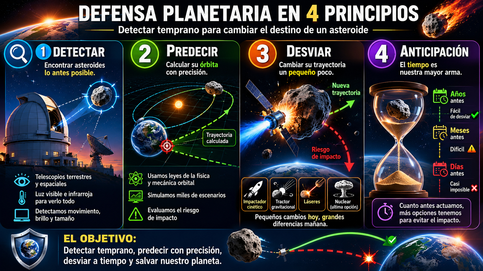Concepto artístico de sistemas de detección de asteroides cercanos a la Tierra y tecnologías de deflexión orbital para defensa planetaria