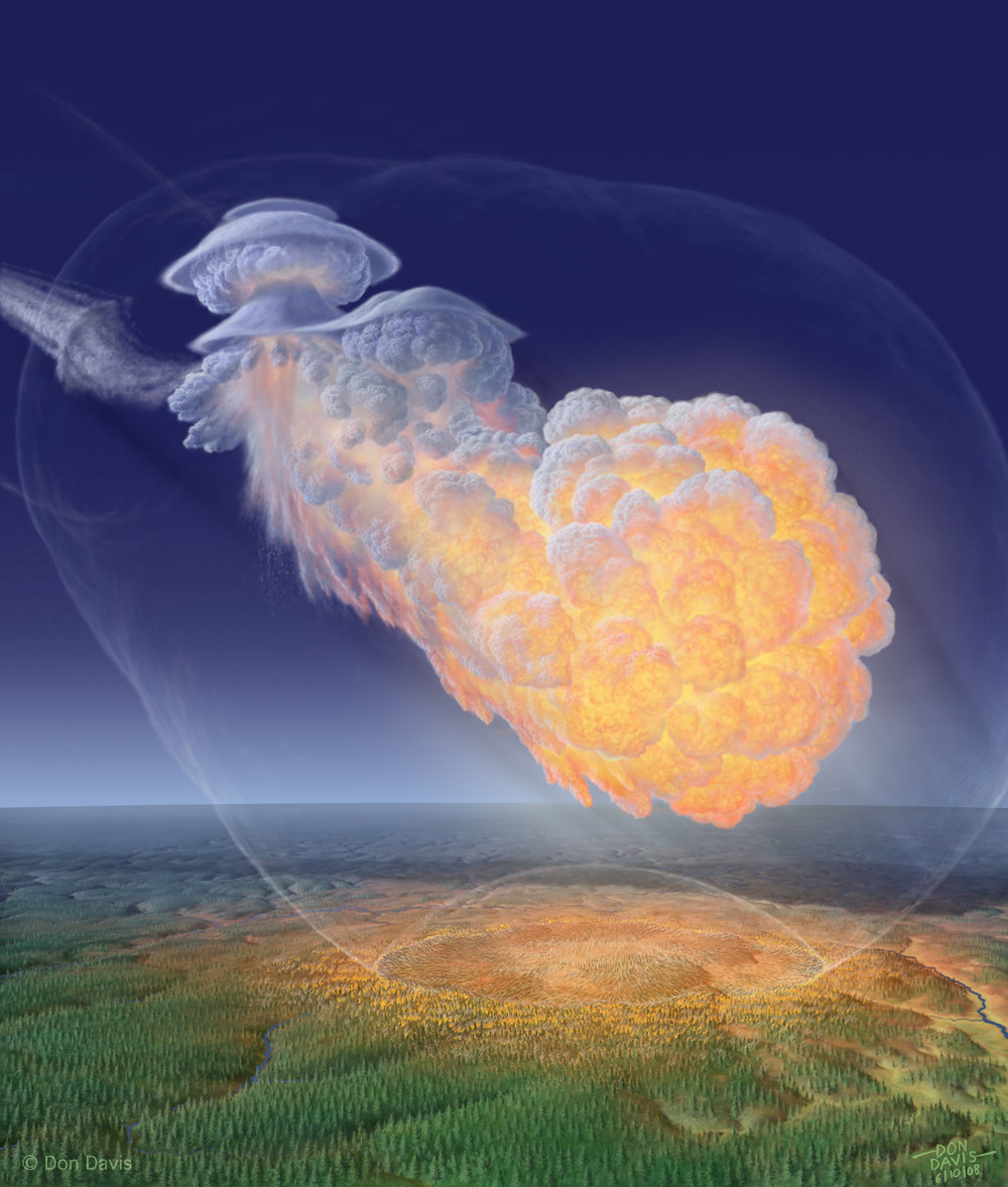 Ilustración artística de la explosión aérea de Tunguska sobre la taiga siberiana, mostrando la bola de fuego y la onda de choque expandiéndose sobre el bosque