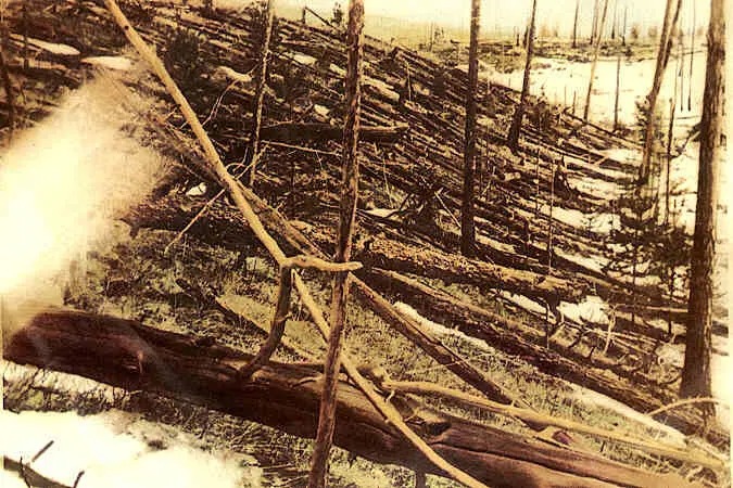 Fotografía histórica de la expedición de Kulik en 1927 mostrando árboles derribados radialmente en el epicentro de Tunguska