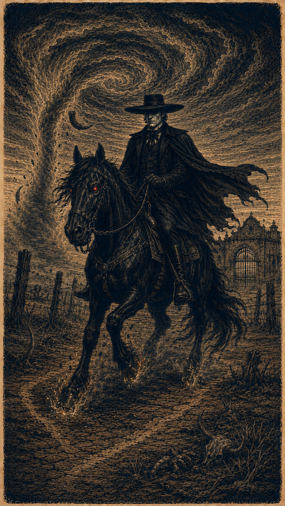 Ilustración de El Caballero Negro, mitología salvadoreña