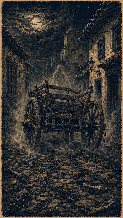 Ilustración de La Carreta Bruja o Chillona, mitología salvadoreña