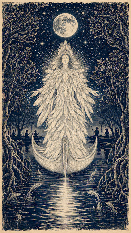 Ilustración de Chasca, la Virgen del Agua, mitología salvadoreña