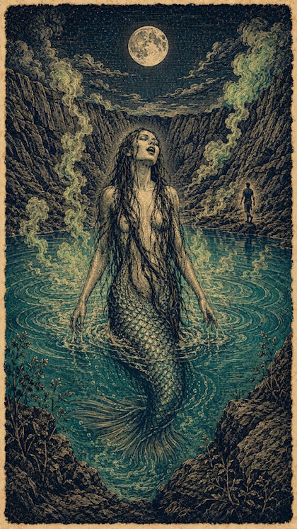 Ilustración de Sirena de la Laguna de Alegría, mitología salvadoreña