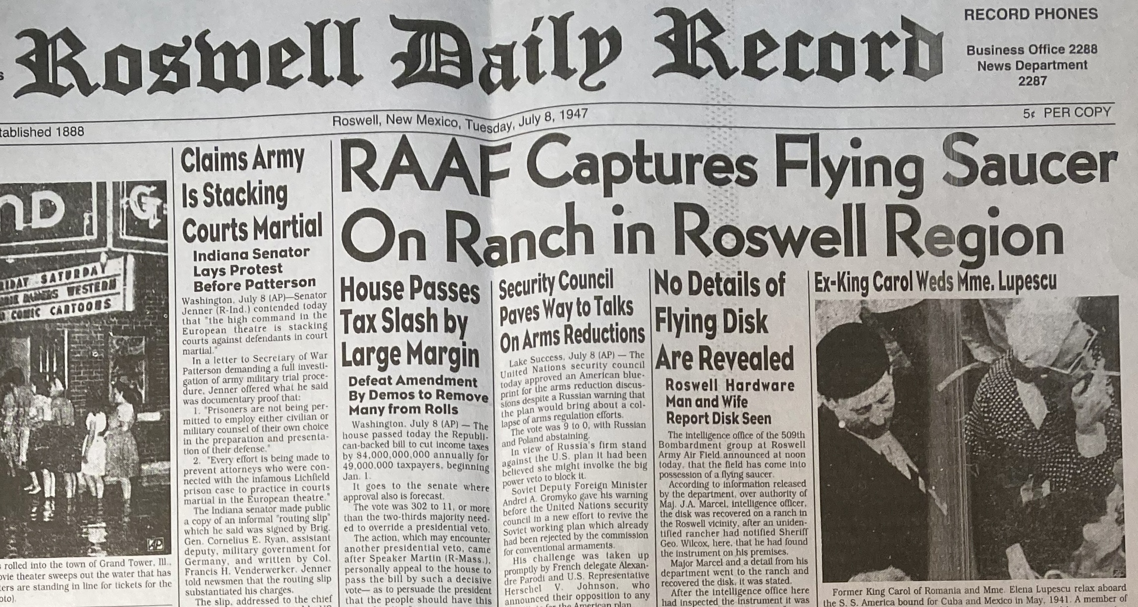 Portada del Roswell Daily Record del 8 de julio de 1947 anunciando la captura de un disco volador