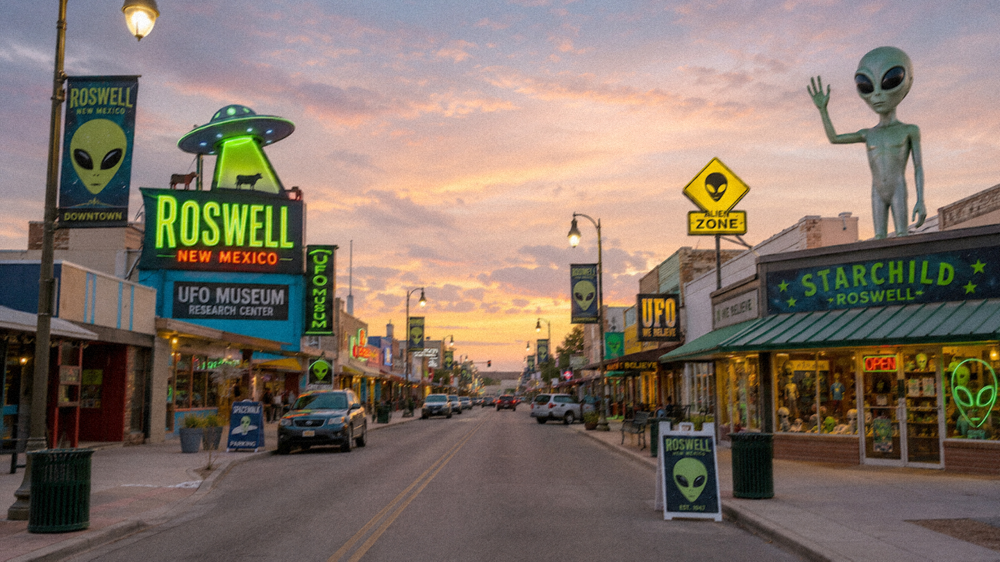 Calle principal de Roswell, Nuevo México, con decoración alienígena y comercios temáticos